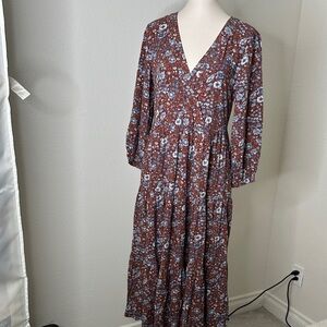 Madewell Rust Floral V-Neck Maxi Dress with Blue Flowers